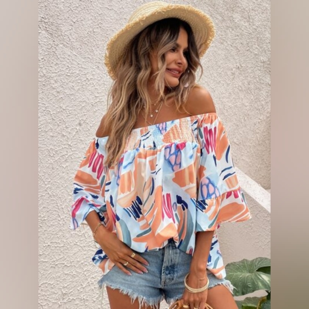 Multicolor Abstract Off-Shoulder Blouse - Picture 1 of 7